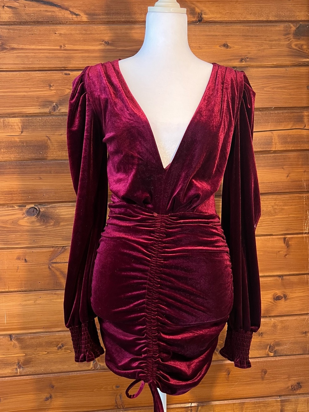 Burgundy Velvet Ruched V-Neck Mini Dress